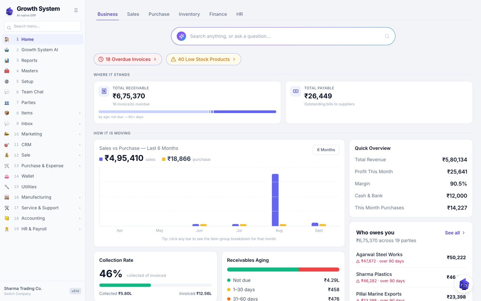 The Growth System dashboard: receivables, payables, sales against purchases, and collection rate for a live company